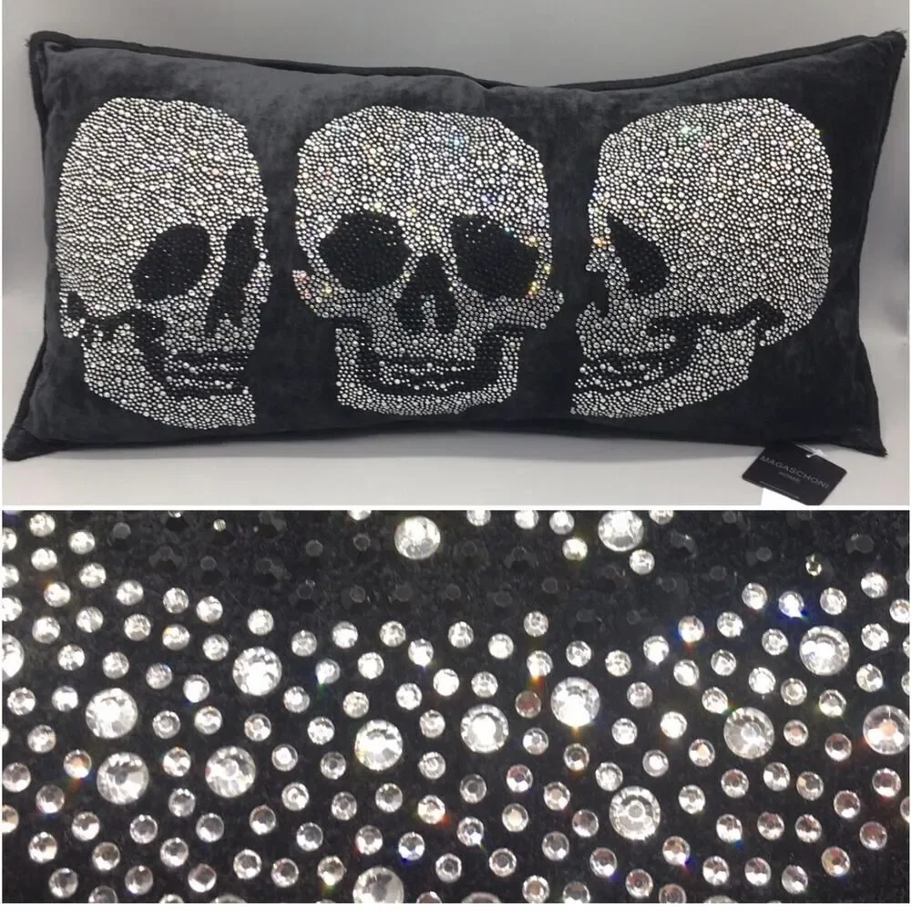 M. Magaschoni designer black velvet feather lumbar pillow accent/skulls bling